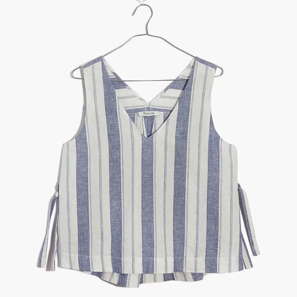 Linen-Blend Side-Tie Tank Top in Stripe